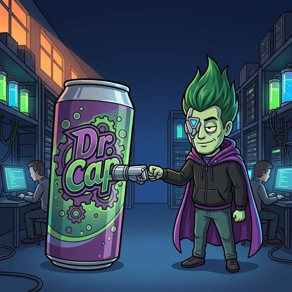 AllYourBase_AYB's tweet photo. @capstiller devs building, memers just fist-bumping a can of Dr. Cap in purple glasses. who's actually winning here https://t.co/Bz21NO0Fz6