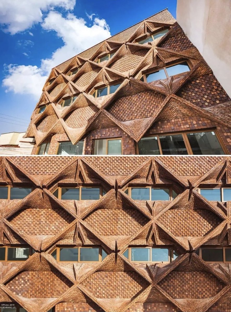 shavnyuyngah's tweet photo. Brick can be sculpted. Iranian architects have been proving it for years.

Not laid flat and plastered over. Rotated, folded, cast into diamonds, twisted into curtains, shaped into deep shading screens that block sun and hold privacy at the same time. Every building here is using the same material we already have, brick, just handled by hands that spent years mastering it.

That is the missing piece. Not the material. The mastery.

We need labor that does more than follow instruction. We need craftsmen who understand material well enough to push it, the way these builders did. Skill like that takes years, patience, and real investment, and it is the only way we start building with what we already have in abundance.