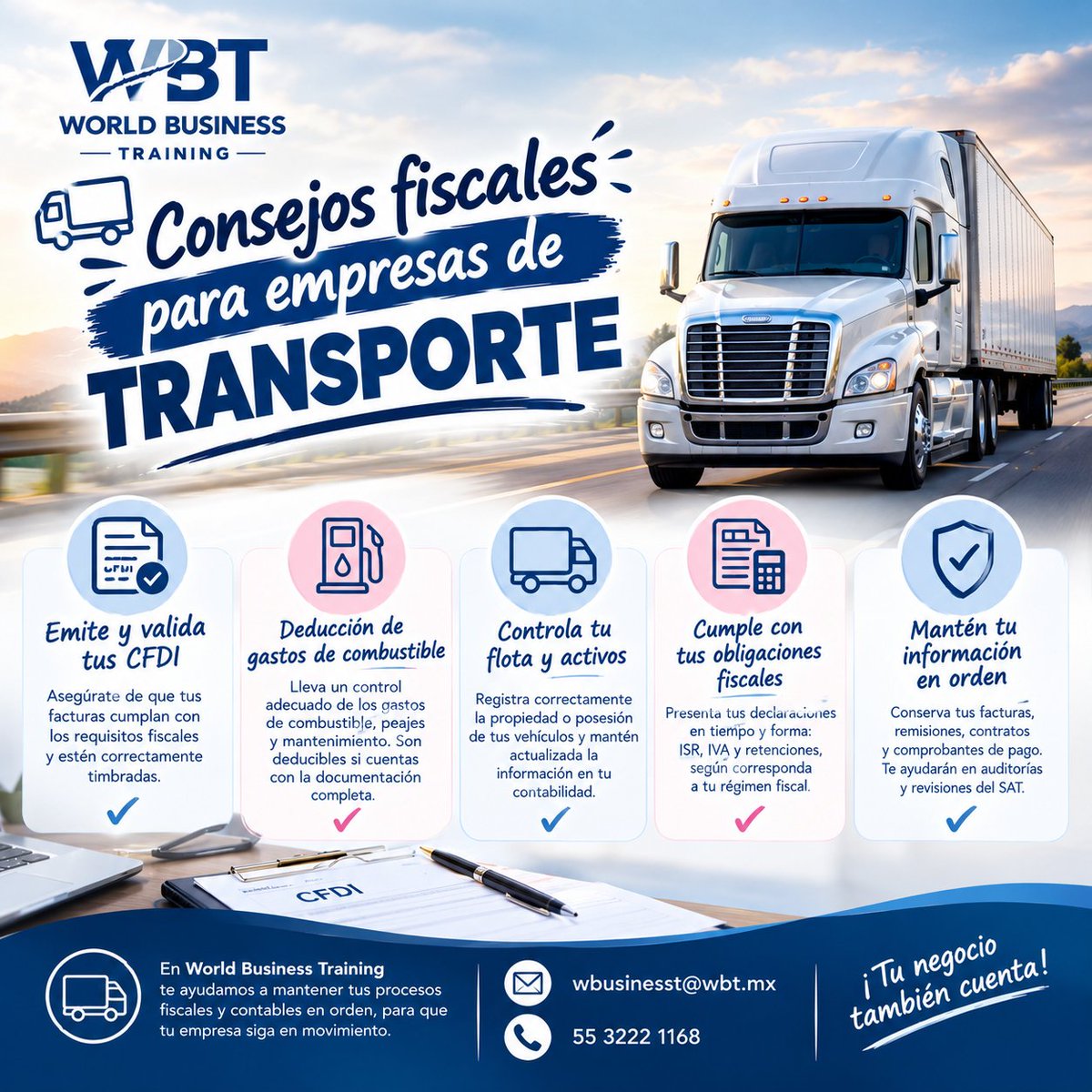 WorldBusinessT3's tweet photo. 🚚📊 ¿Tienes una empresa de transporte?
Revisa estos 5 puntos:
🧾 CFDI correctamente emitidos
⛽ Control de combustible y mantenimiento
🚛 Registro de flota y activos
📅 Obligaciones fiscales al día
📂 Documentación organizada

#Transporte #SAT #Contabilidad https://t.co/xf83sCTxvM