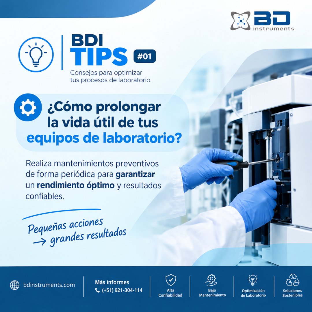 BDInstrumentos's tweet photo. 💡 BDI TIPS #01: Aplica mantenimiento preventivo periódico para prolongar la vida de tus equipos y asegurar resultados confiables.   
Pequeñas acciones ➔ grandes resultados.   
🌐 https://t.co/14R7e8hSpY
📞 (+51) 921-304-114
#EquiposDeLaboratorio #BDITips #Preventivo https://t.co/RBwn74QoKp