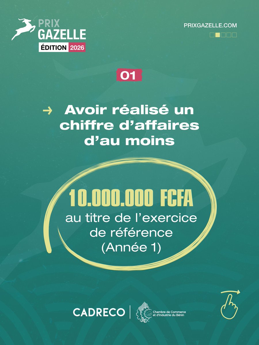 PrixGazelle's tweet photo. Prix Gazelle : Quand la croissance devient une référence

Au-delà des chiffres, certaines entreprises deviennent des modèles. Elles stimulent l'innovation, renforcent la confiance des investisseurs, créent des emplois et participent à la transformation durable de l'économie.

Le Prix Gazelle est conçu pour mettre en lumière ces champions de la croissance au Bénin. Cette deuxième édition offre aux entreprises béninoises éligibles, l'opportunité de rejoindre les acteurs qui incarnent le dynamisme et l'excellence du secteur privé.

Si vous êtes une entreprise béninoise sous le régime fiscal de la TPS, vous avez toutes les chances de devenir une Gazelle Émergente si vous répondez aux critères mentionnés ci-après :