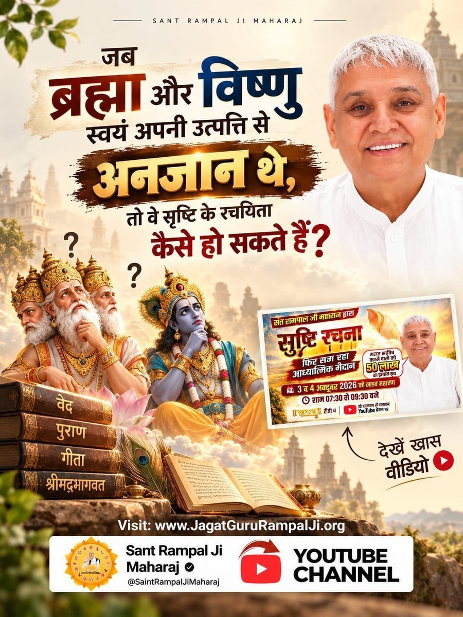 mehta_kaki's tweet photo. #OpenChallengeBy_SantRampalJi
हिंदू धर्म में सुनते आए हैं कि ब्रह्मा जी ने सृष्टि की उत्पत्ति की। z
लेकिन क्या वास्तव में ब्रह्मा जी ही सृष्टि के रचनहार हैं?
📖 संत रामपाल जी महाराज द्वारा आध्यात्मिक चर्चा देखें।
📺 3 व 4 अक्टूबर 2026 | शाम 07:30 बजे
शास्त्रार्थ का शंखनाद https://t.co/p5rn790FiZ