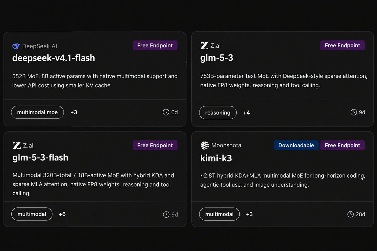 pengsonal's tweet photo. NVIDIA IS GIVING 4 STRONG AI MODELS FOR FREE 🤯

no credit card required

you can use:

• DeepSeek V4.1 Flash
• GLM 5.3
• GLM 5.3 Flash
• Kimi K3

get access: https://t.co/8PC0p1PV8z

base URL: https://t.co/QCiIviWOoz

hope this helps https://t.co/ALjHerTCfb