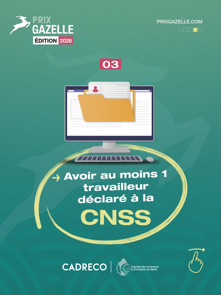 PrixGazelle's tweet photo. ✅ Avoir réalisé un chiffre d’affaires d’au moins 10.000.000 FCFA au titre de l’exercice de référence (Année 1)

✅ Avoir enregistré une augmentation d’au moins 50% du chiffre d’affaires chaque année

✅ Avoir au moins 1 travailleur déclaré à la CNSS

✅ Être à jour de vos obligations fiscales et avoir clôturé au moins 3 exercices comptables.

Candidatez dès maintenant sur https://t.co/AvgKjIY9gV et faites de votre croissance une référence dans l'écosystème du secteur privé béninois.

@ccibenin | @CADRECOMEDIA 

👉 Suivez-nous pour ne rien manquer de l’actualité de la 2ème édition du Prix Gazelle !