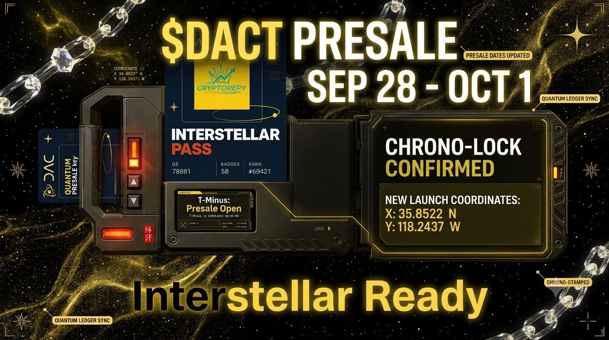CryptoRepy's tweet photo. 🚨 3 DAYS TO $DACT PRESALE! 🚨
Time is ticking! ⏳ Only 3 days left before the $DACT Public Sale gates from the @dac_chain ecosystem officially open. 🚀🌌
A reminder of the updated schedule:
📅 Start: September 28th
🏁 End: October 1st https://t.co/uczcvCbl0V