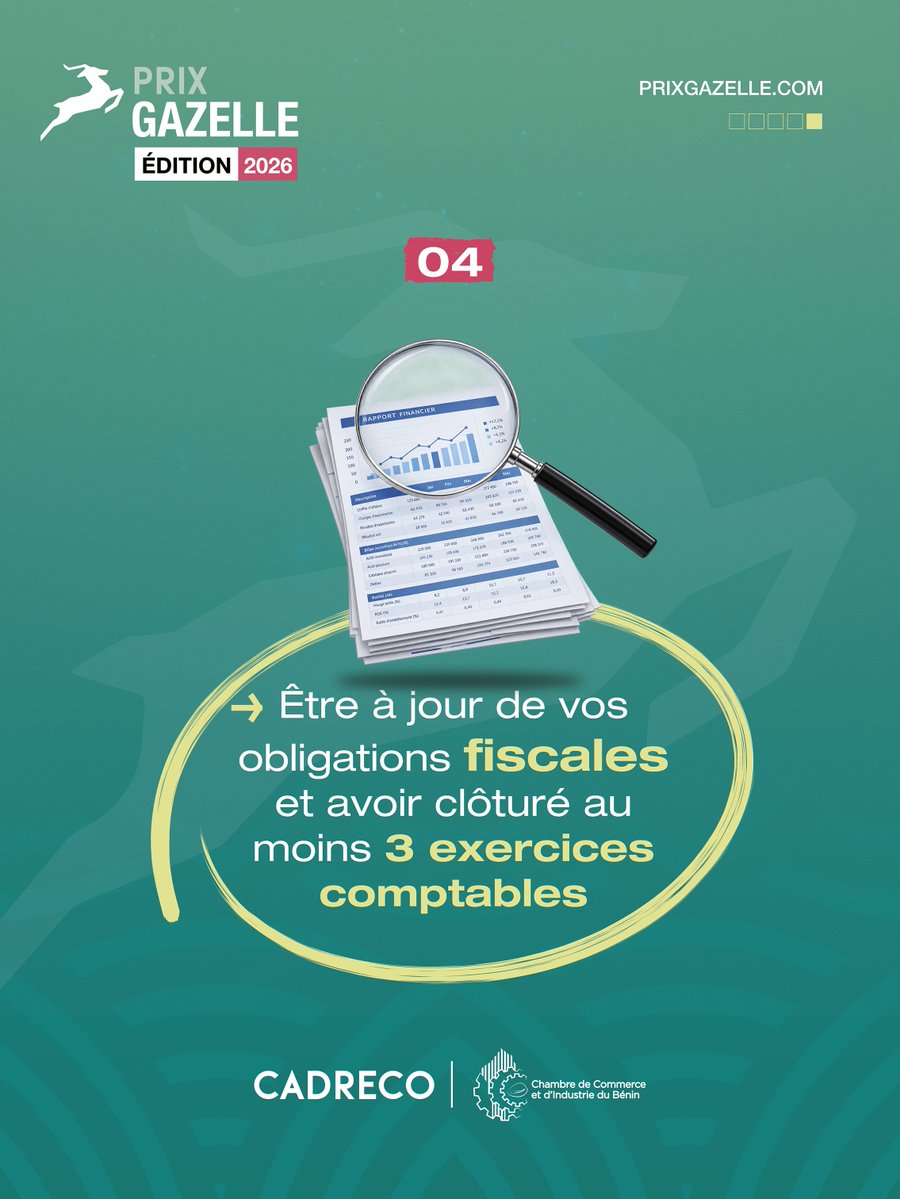PrixGazelle's tweet photo. ✅ Avoir réalisé un chiffre d’affaires d’au moins 10.000.000 FCFA au titre de l’exercice de référence (Année 1)

✅ Avoir enregistré une augmentation d’au moins 50% du chiffre d’affaires chaque année

✅ Avoir au moins 1 travailleur déclaré à la CNSS

✅ Être à jour de vos obligations fiscales et avoir clôturé au moins 3 exercices comptables.

Candidatez dès maintenant sur https://t.co/AvgKjIY9gV et faites de votre croissance une référence dans l'écosystème du secteur privé béninois.

@ccibenin | @CADRECOMEDIA 

👉 Suivez-nous pour ne rien manquer de l’actualité de la 2ème édition du Prix Gazelle !