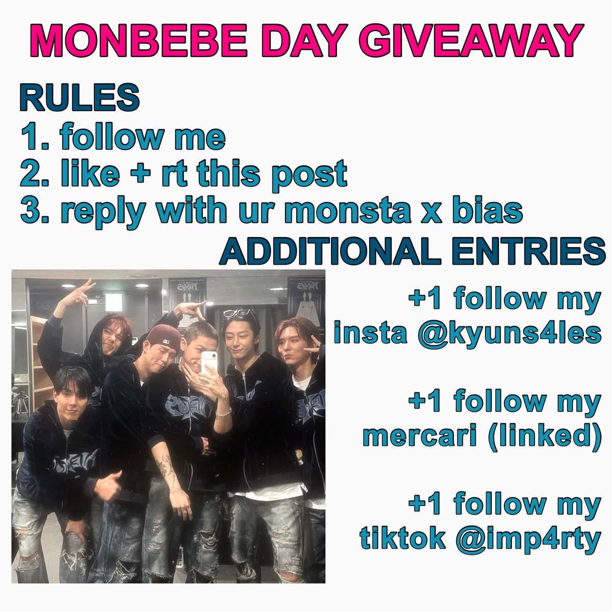 kyunsales's tweet photo. 9.26 MONBEBE DAY FAN GIVEAWAY
🌐 WORLDWIDE
*country must accept mail from usa 
🖤RULES 
1. follow me
2. like + rt this post
3. reply with ur monsta x bias
🗓️ENDS OCTOBER 9, 2026 CST

#MONSTAX #MONBEBE 
#HappyMonbebeDay
#몬베베데이 #HBDMONBEBE
#0926MONBEBEDAY https://t.co/EWLA0a1cla