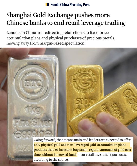 silvertrade's tweet photo. 🚨SHANGHAI GOLD EXCHANGE PUSHES MORE CHINESE BANKS TO END RETAIL LEVERAGE TRADING

Now why would China be pushing RETAIL investors out of precious metals DERIVATIVES, & into ONLY PHYSICAL GOLD⁉️ 🤔