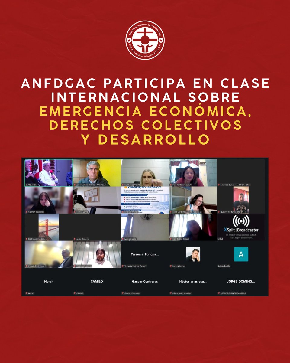 ANFDGAC's tweet photo. ANFDGAC participó en la clase abierta “Emergencia económica, derechos colectivos y desarrollo”, actividad internacional convocada por CLATE, ALAL y ACTRAV-OIT. Entre los expositores estuvo José Pérez Debelli, presidente ANEF y parte de ANFDGAC.
#ANFDGAC #ANEF #CLATE https://t.co/siN5ffXjB0