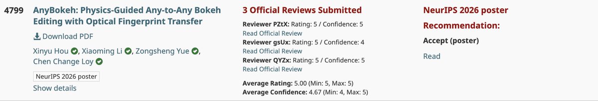 itsmag11's tweet photo. 🎉 Thrilled to share that AnyBokeh has been accepted to NeurIPS 2026!

So happy to receive 5/5/5 from all three reviewers. Huge thanks to my coauthors @csxmli , @OAOAOAOAOAOooo &amp; @ccloy !

🎬 Demo video, project page &amp; GitHub repo coming soon!
#NeurIPS2026 https://t.co/ubPKjHY5wx