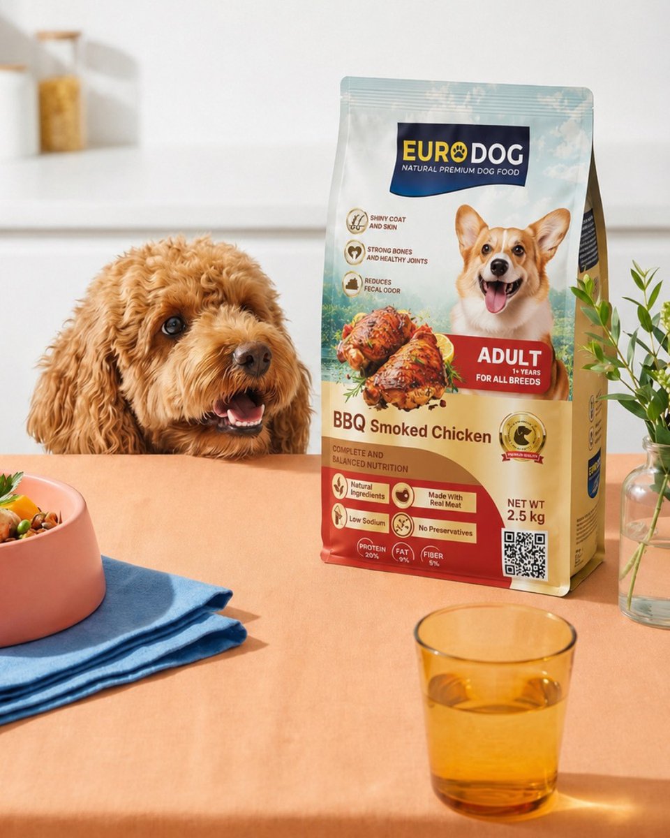 FerminYafai's tweet photo. Someone’s ready for dinner! Euro Dog BBQ Smoked Chicken is made with real meat and natural ingredients for irresistible taste and nutrition that supports a shiny coat, strong bones, and healthy joints. Available nationwide through trusted dealers. https://t.co/A7ggvv01SE