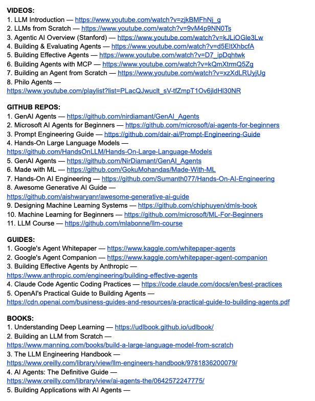 amisha_explains's tweet photo. STOP WASTING HOURS TRYING TO FIGURE OUT WHAT TO LEARN IN AI. 

I put together one practical roadmap with videos, GitHub repos, guides, books, research papers, and courses.

VIDEOS:
1. LLM Introduction — https://t.co/DilUVzd4KA
2. LLMs from Scratch — https://t.co/q0HSKUIwc6
3. Agentic AI Overview (Stanford) — https://t.co/eyLuA3k3mG
4. Building & Evaluating Agents — https://t.co/EYmiatzvlb
5. Building Effective Agents — https://t.co/k7QauZIBup
6. Building Agents with MCP — https://t.co/JeHUisjzm8
7. Building an Agent from Scratch — https://t.co/LBZyB7wVoy
8. Philo Agents — https://t.co/WL3Rfqv0sq

GITHUB REPOS:
1. GenAI Agents — https://t.co/tfUPjPalJz
2. Microsoft AI Agents for Beginners — https://t.co/z5AAk7O0Rs
3. Prompt Engineering Guide — https://t.co/uNyjnIklFB
4. Hands-On Large Language Models — https://t.co/bLCCamemAM
5. GenAI Agents — https://t.co/iBrLpJJ7Lo
6. Made with ML — https://t.co/ORmiE8Gjo4
7. Hands-On AI Engineering — https://t.co/8BkLqwd7uZ
8. Awesome Generative AI Guide — https://t.co/i0yzp1QO0o
9. Designing Machine Learning Systems — https://t.co/YCM5PsnNJ8
10. Machine Learning for Beginners — https://t.co/dwFLv0V8wt
11. LLM Course — https://t.co/yp9aup3OSL

GUIDES:
1. Google's Agent Whitepaper — https://t.co/3SzXLeTUuV
2. Google's Agent Companion — https://t.co/9ctzJoi5H5
3. Building Effective Agents by Anthropic — https://t.co/9g8exTxXND
4. Claude Code Agentic Coding Practices — https://t.co/gRYW3HXjOL
5. OpenAI's Practical Guide to Building Agents — https://t.co/0wszx4OeJM

BOOKS:
1. Understanding Deep Learning — https://t.co/V809a4HLmn
2. Building an LLM from Scratch — https://t.co/KaNjx4q3J3
3. The LLM Engineering Handbook — https://t.co/PH1U8Jtksf
4. AI Agents: The Definitive Guide — https://t.co/7NLjpAMsZg
5. Building Applications with AI Agents — https://t.co/0NLZCiqgfP
6. AI Agents with MCP — https://t.co/mUPjkTnXJb
7. AI Engineering — https://t.co/DiFJkzLbNs

RESEARCH PAPERS:
1. ReAct — https://t.co/cwkezXZiiv
2. Generative Agents — https://t.co/xj2rzRUVsa
3. Toolformer — https://t.co/N3QTcTEiH7
4. Chain-of-Thought Prompting — https://t.co/5c35Yetrv2

COURSES:
1. Hugging Face Agent Course — https://t.co/FY0k2INNLp
2. MCP with Anthropic — https://t.co/FIkFIvz5ar
3. Building Vector Databases with Pinecone — https://t.co/rLMLsXH1dZ
4. Vector Databases: Embeddings to Apps — https://t.co/gNpscSP5mx
5. Agent Memory — https://t.co/pbHPXpOUO2

No endless searching.
No information overload.
Just resources you can actually use. 🔖

Your future AI skill set will come from consistent building, experimenting, and learning.

Repost so someone else can find this roadmap, and pls consider following 
@amisha_explains for more content around AI, Beauty, and businesses.