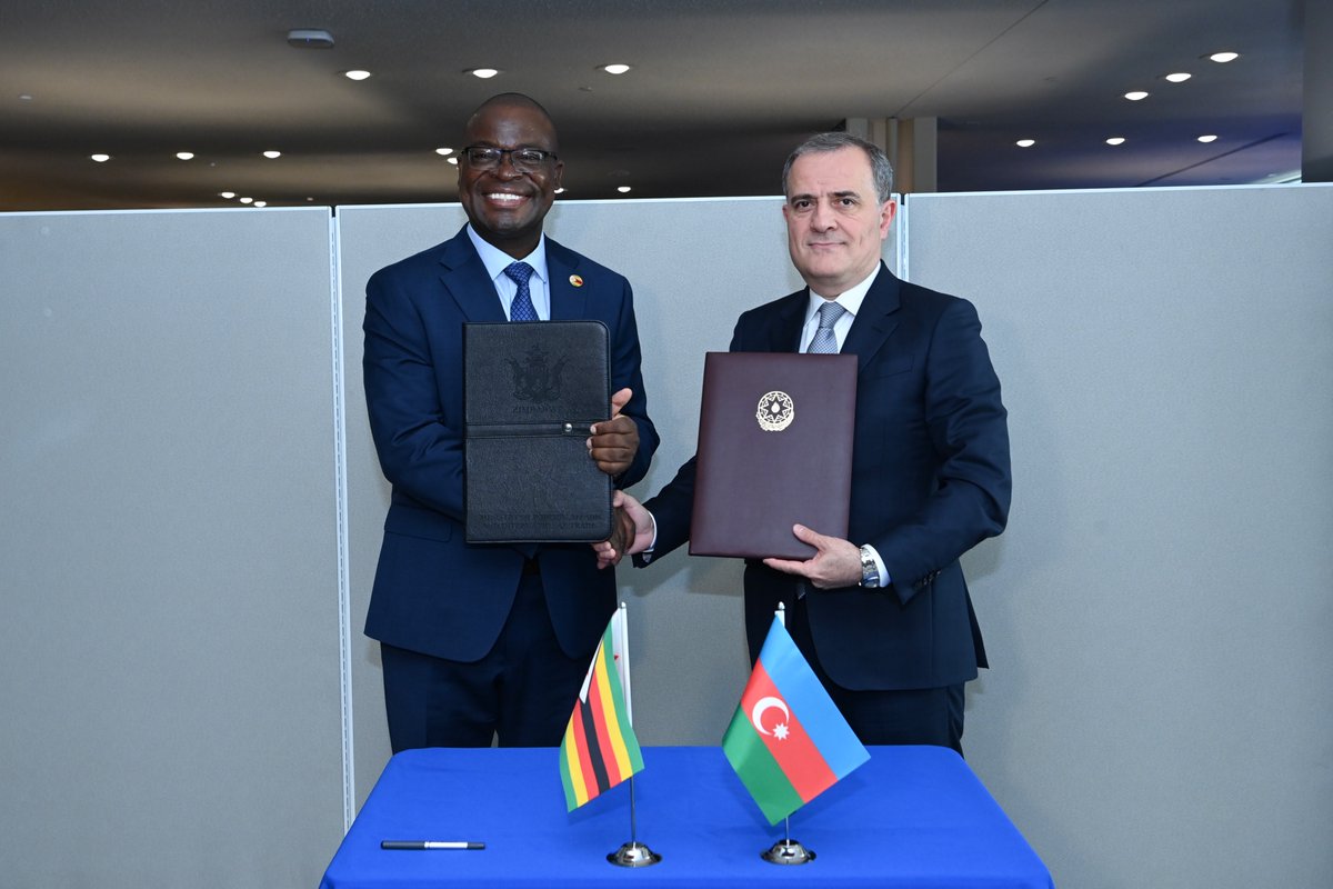 AzerbaijanMFA's tweet photo. On the sidelines of #UNGA81, Foreign Minister @Bayramov_Jeyhun met with the Minister of Foreign Affairs and International Trade of the Republic of Zimbabwe Amon Murwira.

The Ministers reviewed bilateral agenda, prospects for expanding political dialogue and mutual support across multilateral platforms.

Minister Jeyhun Bayramov has congratulated Zimbabwe on its election as a non-permanent member of the 🇺🇳 UN Security Council for 2027–2028 and affirmed Azerbaijan’s readiness for close cooperation during its tenure.

As a concrete outcome of the meeting, the Ministers signed the “Memorandum of Understanding between the Ministry of Foreign Affairs of the Republic of Azerbaijan and the Ministry of Foreign Affairs and International Trade of the Republic of Zimbabwe on political consultations.”

@MoFA_ZW 

#UNGA81