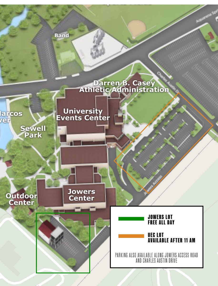 TexasStateVball's tweet photo. Heads up fans, we’ve got parking information for you ahead of Saturday’s match:

Jowers access road and Jowers lot will be free all day.
UEC lot will be available after 11 AM and FREE.

Additional parking options are listed at https://t.co/ZSu5eZz3Py.

#EatEmUp | #IMPACTFUL https://t.co/Aa0rwYSjHX