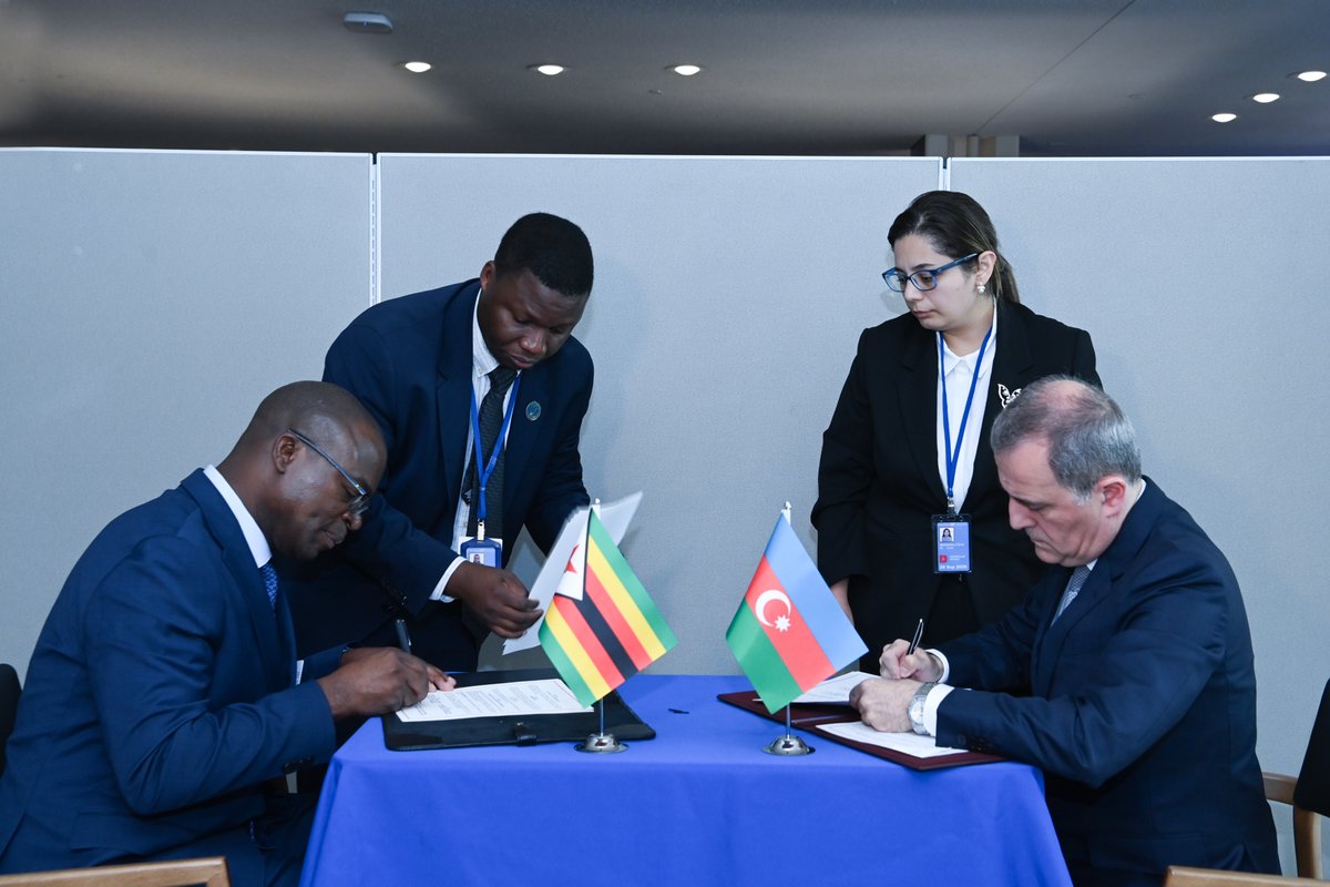 AzerbaijanMFA's tweet photo. On the sidelines of #UNGA81, Foreign Minister @Bayramov_Jeyhun met with the Minister of Foreign Affairs and International Trade of the Republic of Zimbabwe Amon Murwira.

The Ministers reviewed bilateral agenda, prospects for expanding political dialogue and mutual support across multilateral platforms.

Minister Jeyhun Bayramov has congratulated Zimbabwe on its election as a non-permanent member of the 🇺🇳 UN Security Council for 2027–2028 and affirmed Azerbaijan’s readiness for close cooperation during its tenure.

As a concrete outcome of the meeting, the Ministers signed the “Memorandum of Understanding between the Ministry of Foreign Affairs of the Republic of Azerbaijan and the Ministry of Foreign Affairs and International Trade of the Republic of Zimbabwe on political consultations.”

@MoFA_ZW 

#UNGA81
