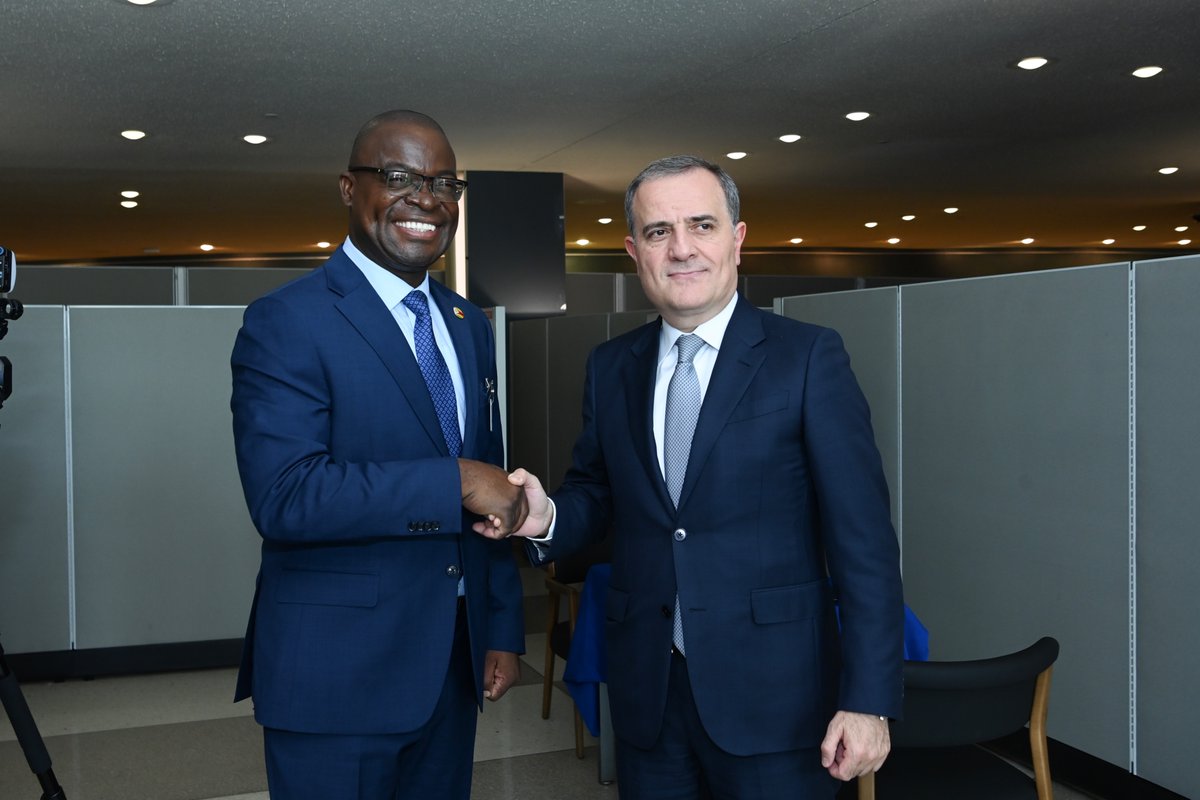 AzerbaijanMFA's tweet photo. On the sidelines of #UNGA81, Foreign Minister @Bayramov_Jeyhun met with the Minister of Foreign Affairs and International Trade of the Republic of Zimbabwe Amon Murwira.

The Ministers reviewed bilateral agenda, prospects for expanding political dialogue and mutual support across multilateral platforms.

Minister Jeyhun Bayramov has congratulated Zimbabwe on its election as a non-permanent member of the 🇺🇳 UN Security Council for 2027–2028 and affirmed Azerbaijan’s readiness for close cooperation during its tenure.

As a concrete outcome of the meeting, the Ministers signed the “Memorandum of Understanding between the Ministry of Foreign Affairs of the Republic of Azerbaijan and the Ministry of Foreign Affairs and International Trade of the Republic of Zimbabwe on political consultations.”

@MoFA_ZW 

#UNGA81