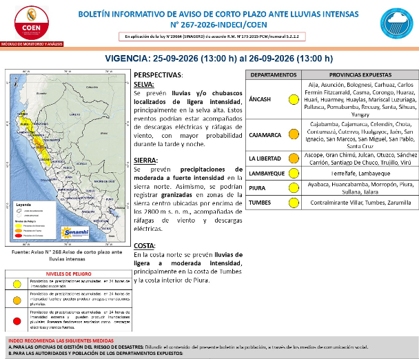 COENPeru's tweet photo. 🟠Se presentarían #LluviasIntensas (nivel naranja) hasta el 26/9 en varias provincias de los departamentos de Cajamarca y La Libertad, de acuerdo con el aviso de corto plazo del @Senamhiperu. https://t.co/ARrhLySu9Q