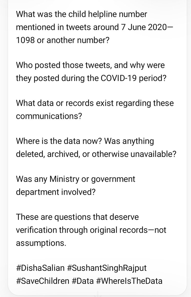 Ashutos62623390's tweet photo. #7June2020
#7June
#1098
#ChildHelpline
#WhoTweeted
#WhyTweeted
#COVIDPeriod
#DishaSalian
#SushantSinghRajput
#SaveChildren
#ChildSafety
#WhereIsTheData
#DeletedData
#Records
#DigitalRecords
#CallRecords
#TweetRecords
#GovernmentRecords
#Ministry
#Accountability
#VerifyTheFacts https://t.co/6OiPhx0SFF