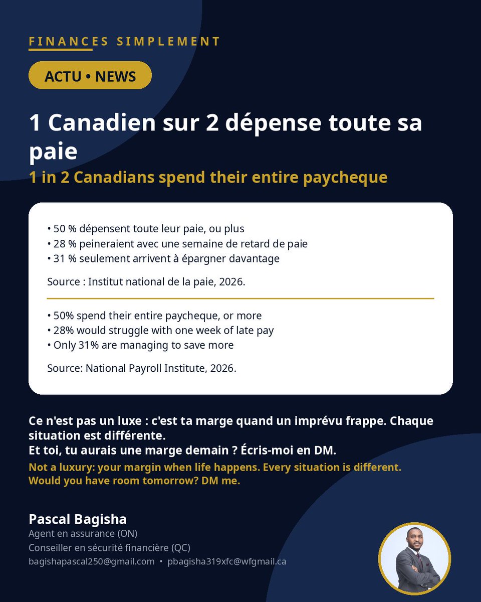 bagishapascal's tweet photo. 📊 1 Canadien sur 2 dépense toute sa paie — ou plus.

Un plan financier, ce n'est pas un luxe : c'est ta marge quand un imprévu frappe.

Et toi, tu aurais une marge demain ? Réponds ici ou écris-moi en DM 📩

#FinancesSimplement #ActuFinance #FinanceCanada https://t.co/soRuplnClq