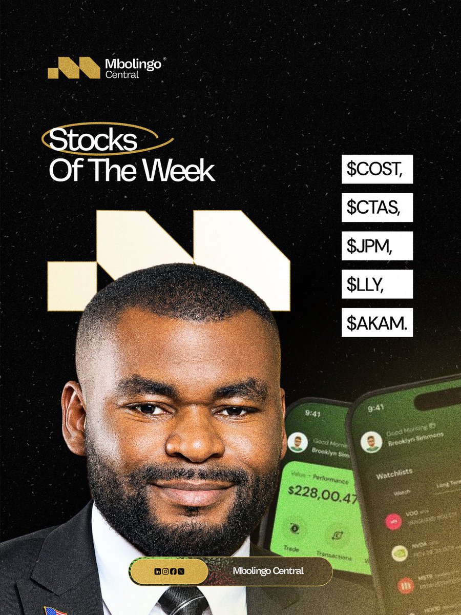 MbolingoCentral's tweet photo. Stocks of the Week with @MbolingoCentral 📈
 
$COST  
$CTAS
$JPM  
$LLY
$AKAM
 
Which one's on your radar? 👀
 
Follow for weekly picks.
 
#StocksOfTheWeek #StockMarket #Investing #Trading #COST #CTAS #JPM #LLY #AKAM https://t.co/yEodAR5CC8