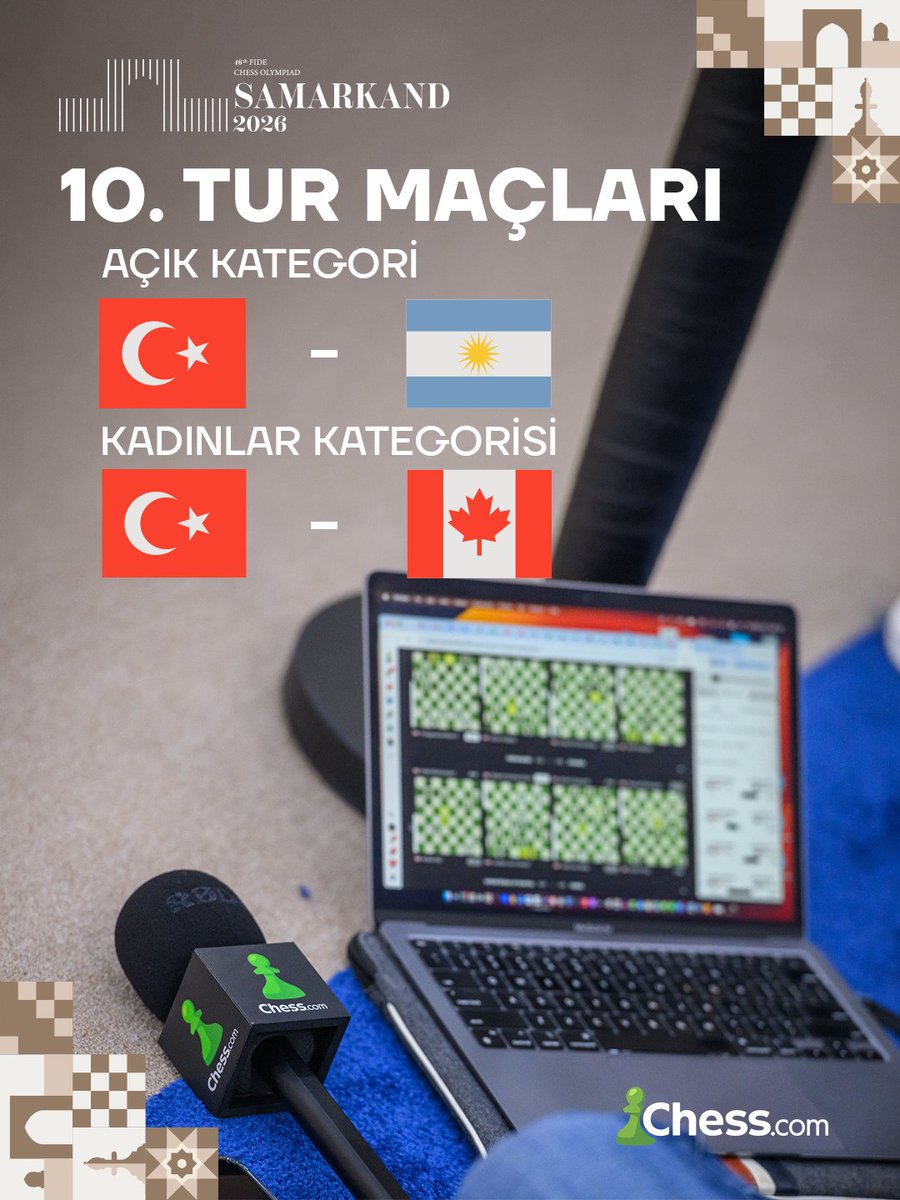 chesscom_tr's tweet photo. Semerkant'taki 10. tur eşleşmeleri belli oldu.
Açık kategoride Türkiye yarın Arjantin, kadınlar kategorisinde ise Kanada ile karşılaşacak.

📸 Michal Walusza / FIDE https://t.co/YC7jTnjh7I