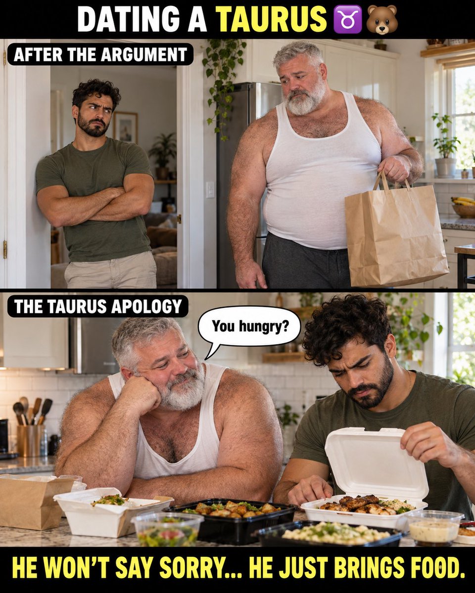 jeffyramalhoM's tweet photo. Dating a Taurus: he may not say sorryโฆ but somehow food appears. โ๐ป๐
#Taurus #TaurusMeme #DatingHumor #BearCommunity #RelationshipMemes https://t.co/F7Cw8CijjQ