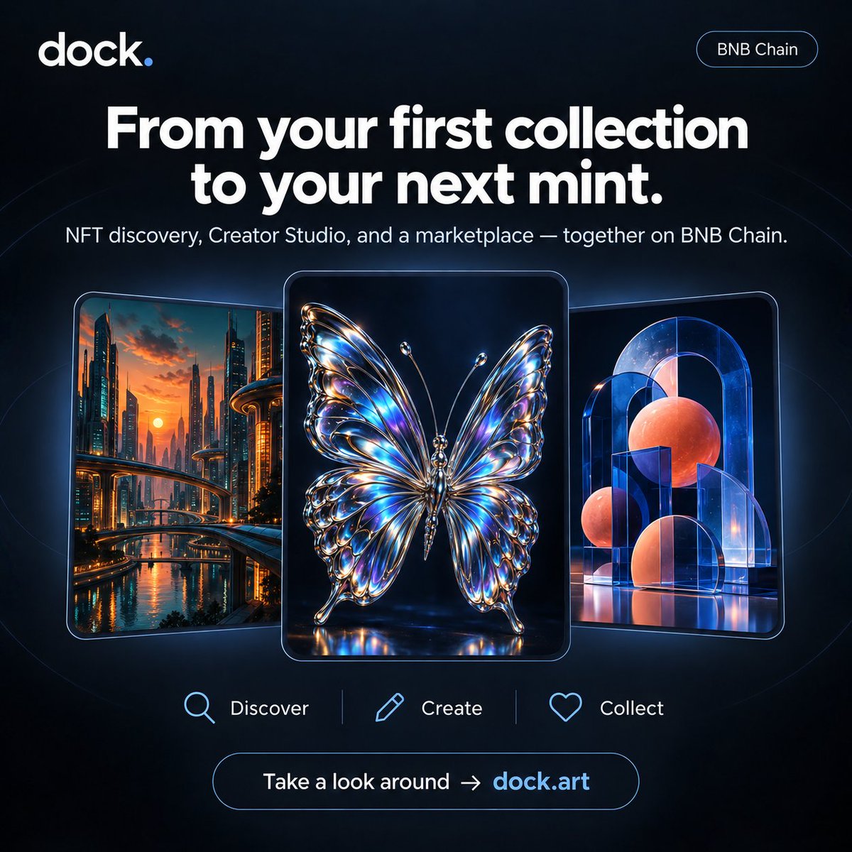 dockdotart's tweet photo. From your first collection to your next mint.
Dock brings NFT discovery, Creator Studio, and a marketplace together on BNB Chain.

Take a look around → https://t.co/apRo8lVVjE https://t.co/yaB5TvPv3o