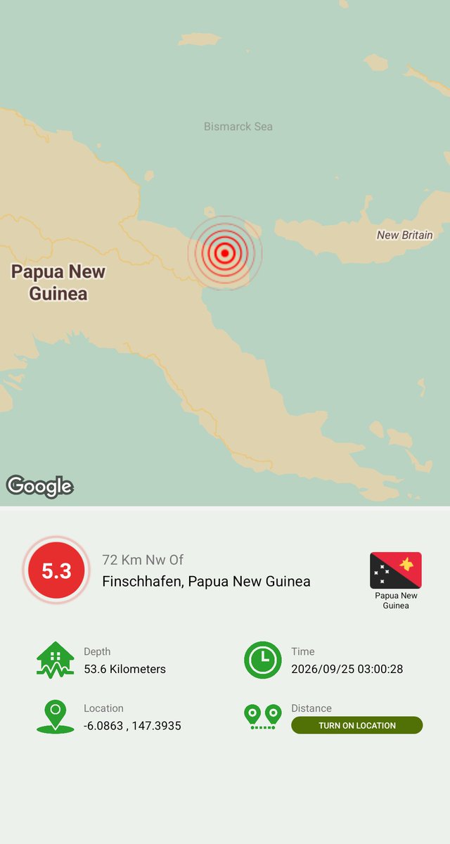 ZAMYAD_APP's tweet photo. 72 Km Nw Of Finschhafen, Papua New Guinea
Magnitude: 5.3
Depth: 53.6 Kilometers
Location: -6.0863 , 147.3935
Time: 2026/09/24 23:30:28 (GMT)

Zamyad Earthquake Tracker
Free Download:
https://t.co/RJ4yLcGBOL

#Earthquake #Papua_New_Guinea #Earthquake_Tracker #zamyad https://t.co/BZ9HTlf4sP