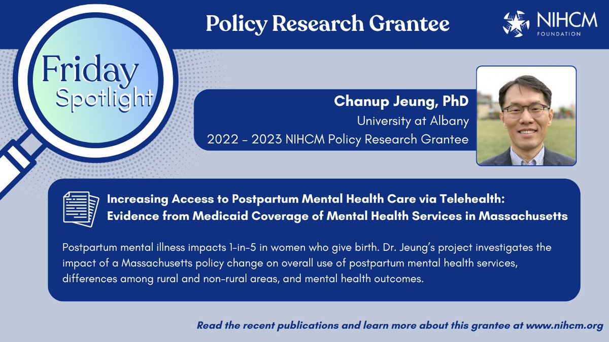 NIHCMfoundation's tweet photo. Launching Friday Spotlight – a weekly feature of the researchers and journalists NIHCM supports. This week, we're highlighting Dr. Jeung's project on whether telehealth payment parity improves postpartum mental health service utilization and outcomes, and what that can mean for state policies. 
More on the project and Dr. Jeung’s publications here: https://t.co/1yd0vtHDB3
#FridaySpotlight #NIHCMpolicyresearch