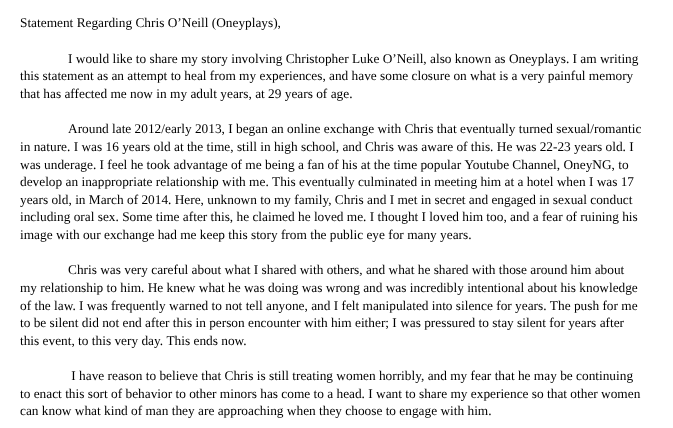 SpeakingOnOney's tweet photo. This is my experience with Chris O'Neill. I have been silent for far too long. Please click the link below for my full statement.

https://t.co/64pytNGCMI

Thank you. https://t.co/O7lgVazYQF