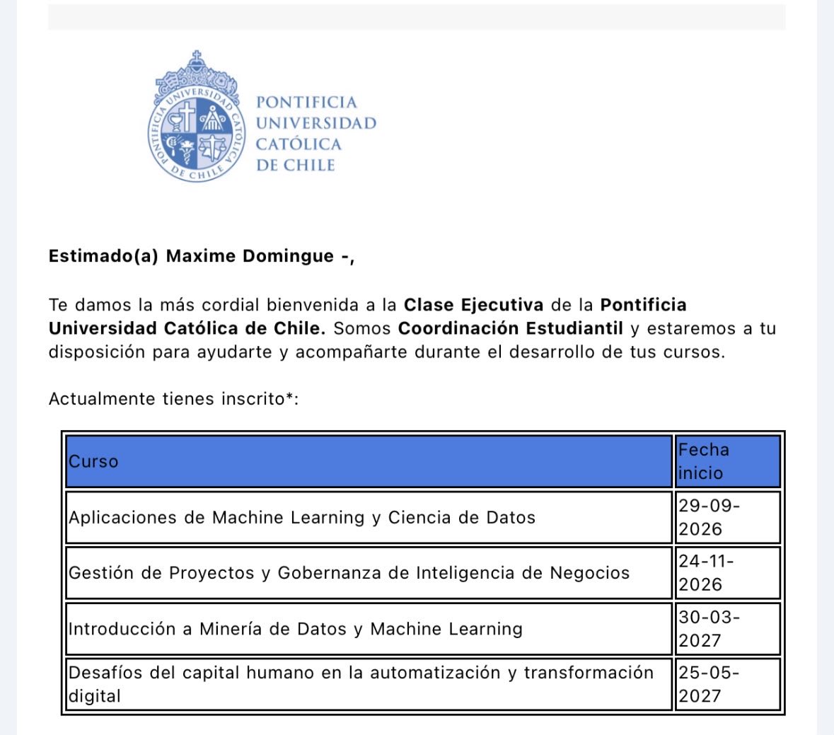 maxime_domingue's tweet photo. Me matriculé en el Diplomado en Inteligencia Artificial, Tecnologías Emergentes y Liderazgo Digital de la Pontificia Universidad Católica de Chile Cuando terminé mi MBA en 2021 pensé que ya no volvería a estudiar.  me di cuenta de que el mundo avanza, quedarse quieto no es opción https://t.co/XkYcyG2gOC