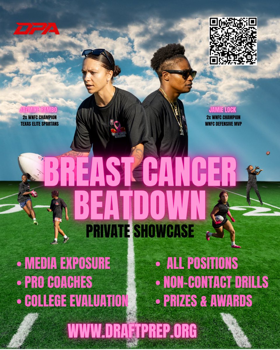 draftprep's tweet photo. 2ND ANNUAL BREAST CANCER BEATDOWN 🥊

We are looking for the TOP 25 Female football Athletes in the DFW for our private showcase. 

If you or someone you know is interested — please fill out the QR code. https://t.co/D4IdAkrVhk