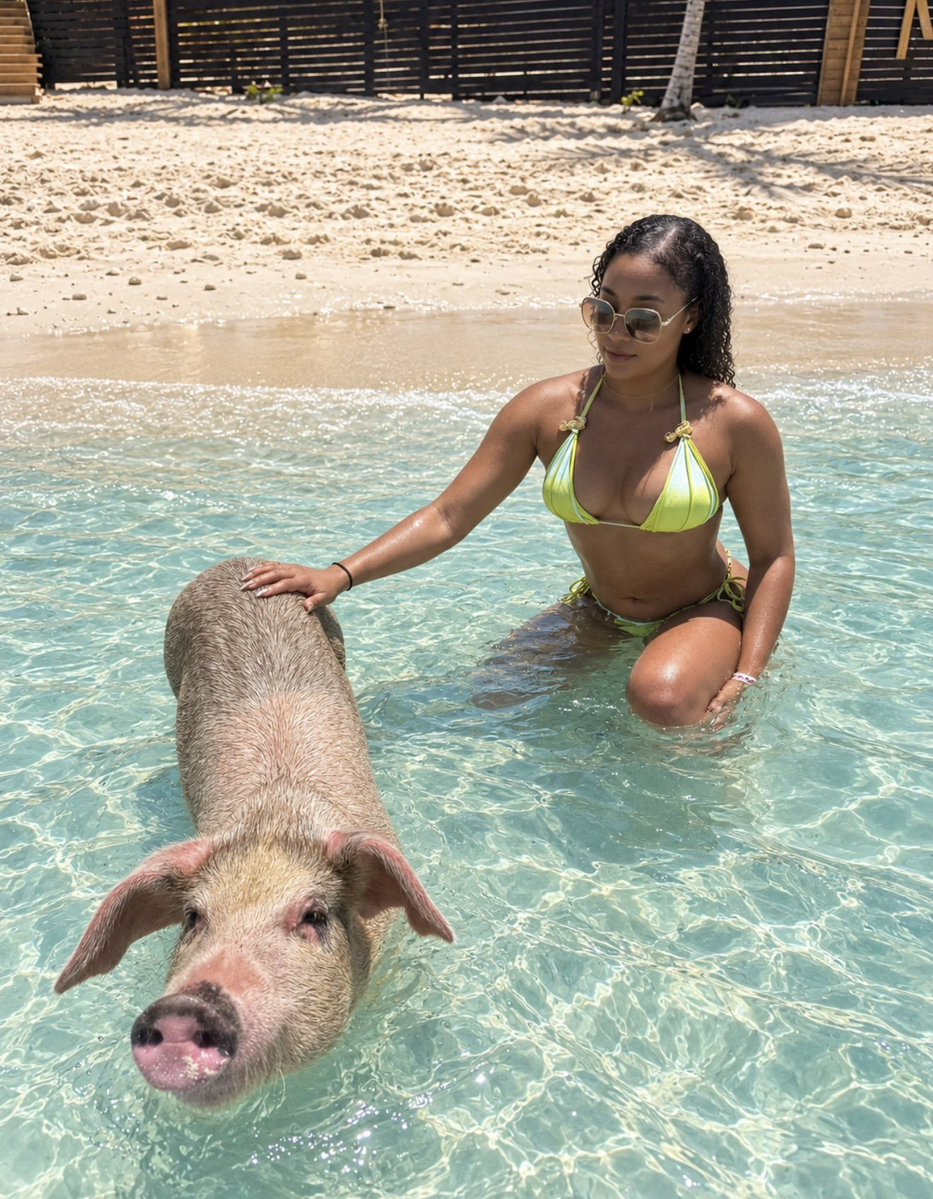 ArianeAndrew's tweet photo. I know it’s September, but June Ari was too cute to stay in the camera roll. 😂🐷🌊

Be honest: are you getting in the water with the pigs, or are you watching safely from the boat? https://t.co/MHAiBMq7HG