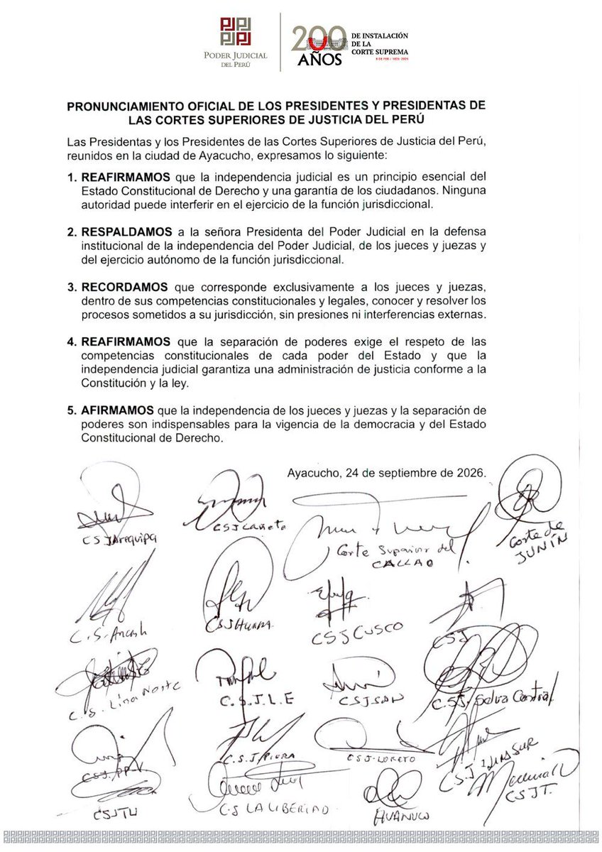 Epicentro_TV's tweet photo. #ATENCIÓN| Presidentes de las cortes superiores de justicia del país expresaron su respaldo a la presidenta del Poder Judicial, Janet Tello. Recordaron que “corresponde exclusivamente a los jueces” resolver los procesos “sin presiones ni interferencias externas”. https://t.co/Z328Swvkzj
