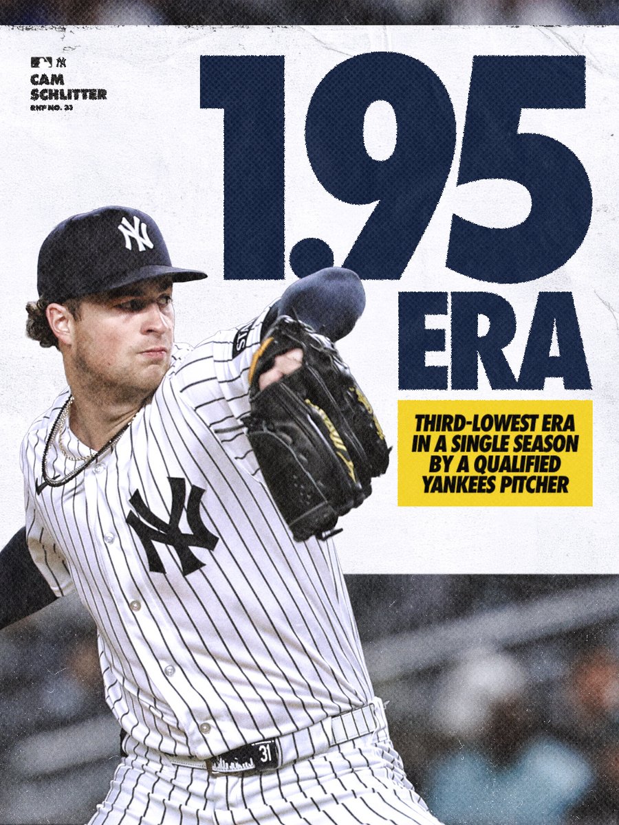 Yankees's tweet photo. Cam Schlittler finished the regular season with a 1.95 ERA, the third-lowest ERA in a single season by a qualified Yankees pitcher  🔥

#RepBX | @Cam31Schlittler https://t.co/0jUxKty5Y6