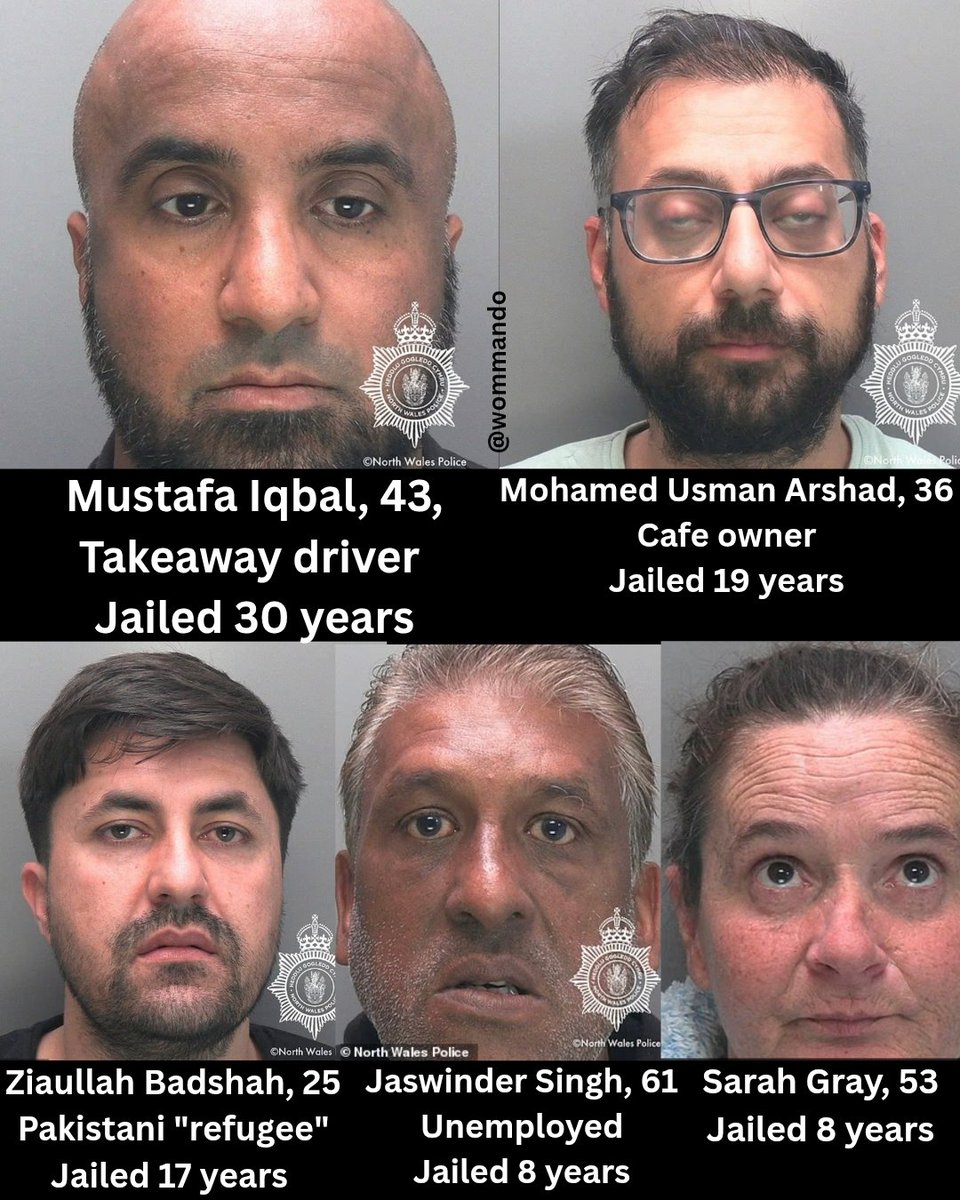 Wommando's tweet photo. ➡️A rape gang who plied girls as young as 14 with drugs, trafficked and abused them in Rhyl, Wales, have been jailed.

They referred to the victims using Urdu slang for prostitutes. All the girls were known to social services.

A familiar and sickening pattern.

They should have been stopped in 2022 when police began investigating - but they decided not to proceed. The gang was finally arrested in 2025.

Catastrophic failings of vulnerable young girls - yet again. Horrific.