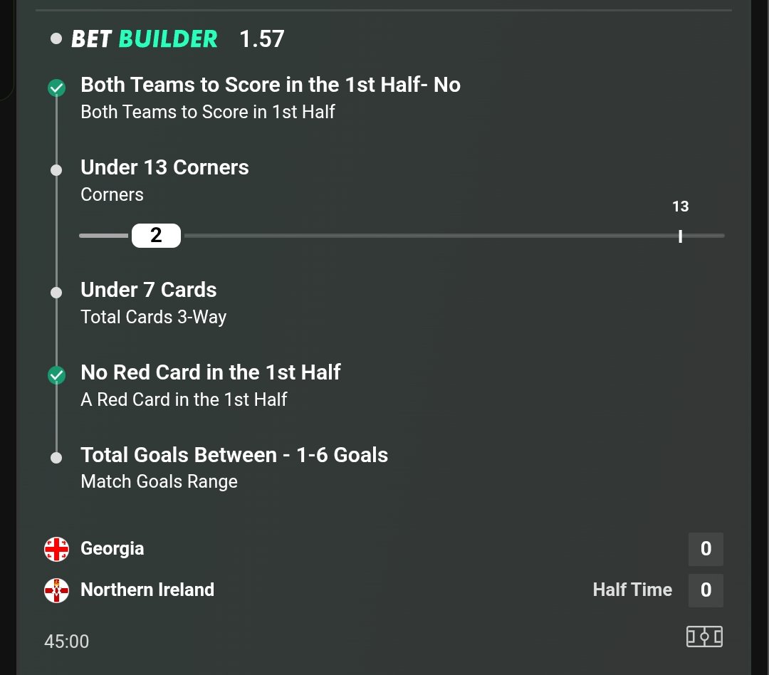 EliteProTips's tweet photo. ⚽ LOOKING GOOD AT THE BREAK! 🔥  

Georgia 0-0 Northern Ireland  

Already in:  
✅ No BTTS in 1st Half  
✅ No Red Card in 1st Half  

Still running:  
- Under 13 Corners (only 2 so far)  
- Under 7 Cards  
- Goals between 1-6  

Builder is tracking nicely. Second half to finish it! 👀