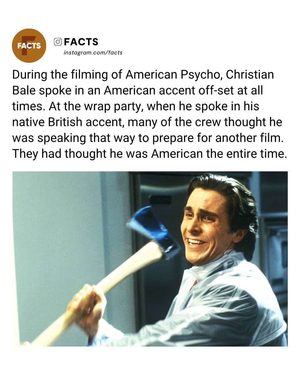 MalorieValrk's tweet photo. Christian Bale stayed in Patrick Bateman’s American accent throughout American Psycho—even off camera. At the wrap party, crew members were shocked to discover he was British. His commitment to the role was total. https://t.co/Ux241M01Fa