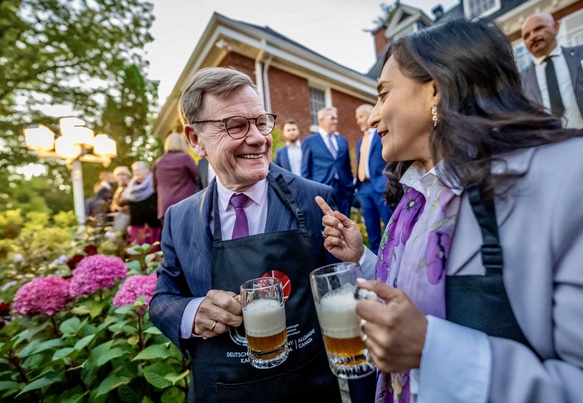 GerAmbCanada's tweet photo. A few impressions from last night’s 🇩🇪 unity day festivities. We were thrilled to have @AnitaAnandMP and @AussenMinDE with us, celebrating 75 years of 🇩🇪🇨🇦 diplomatic relations! Thanks to all our guests for celebrating with us. https://t.co/tUeUZIpBz7