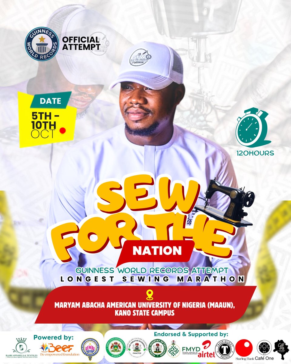 amin_uba's tweet photo. 120 hours is no small feat! 🇳🇬🧵 May Allah strengthen you, guide you through every moment, protect you, and grant you success in this Guinness World Records attempt. May your dedication inspire many. Ameen #SewForTheNation #Kano #GuinnessWorldRecords #Nigeria
@kano https://t.co/9DL3IL4e9G