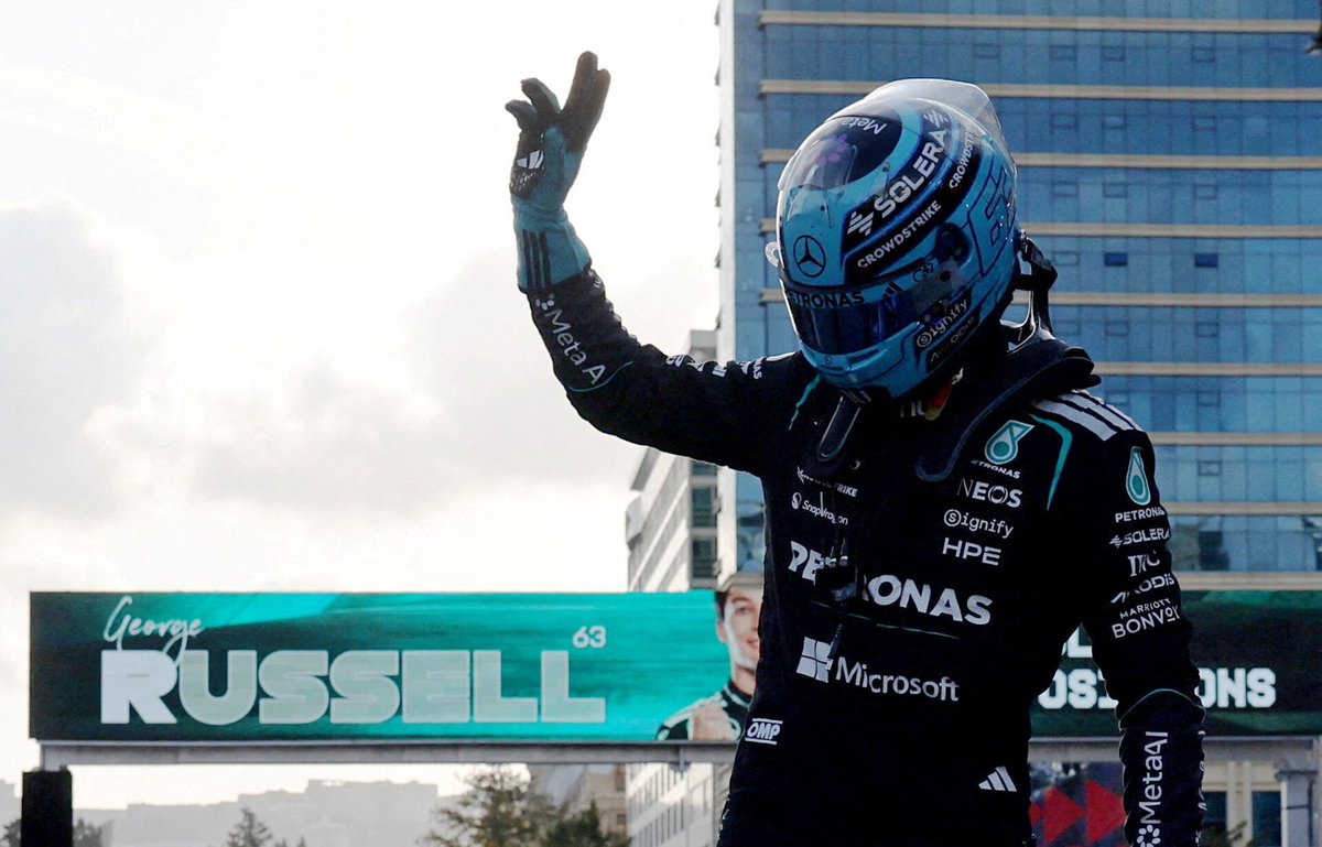 suyashpachauri's tweet photo. GEORGE RUSSELL TAKES AZERBAIJAN GRAND PRIX POLE

George Russell secured pole position for the Azerbaijan Grand Prix with a 1:42.526 lap around Baku’s street circuit. The Mercedes driver finished 0.837 seconds ahead of Charles Leclerc, while championship leader Kimi Antonelli will start 16th after crashing during the opening qualifying phase.

#GeorgeRussell #AzerbaijanGP #FormulaOne #MercedesF1 #Baku #SuyashPachauri #SuyashPachauriWrites