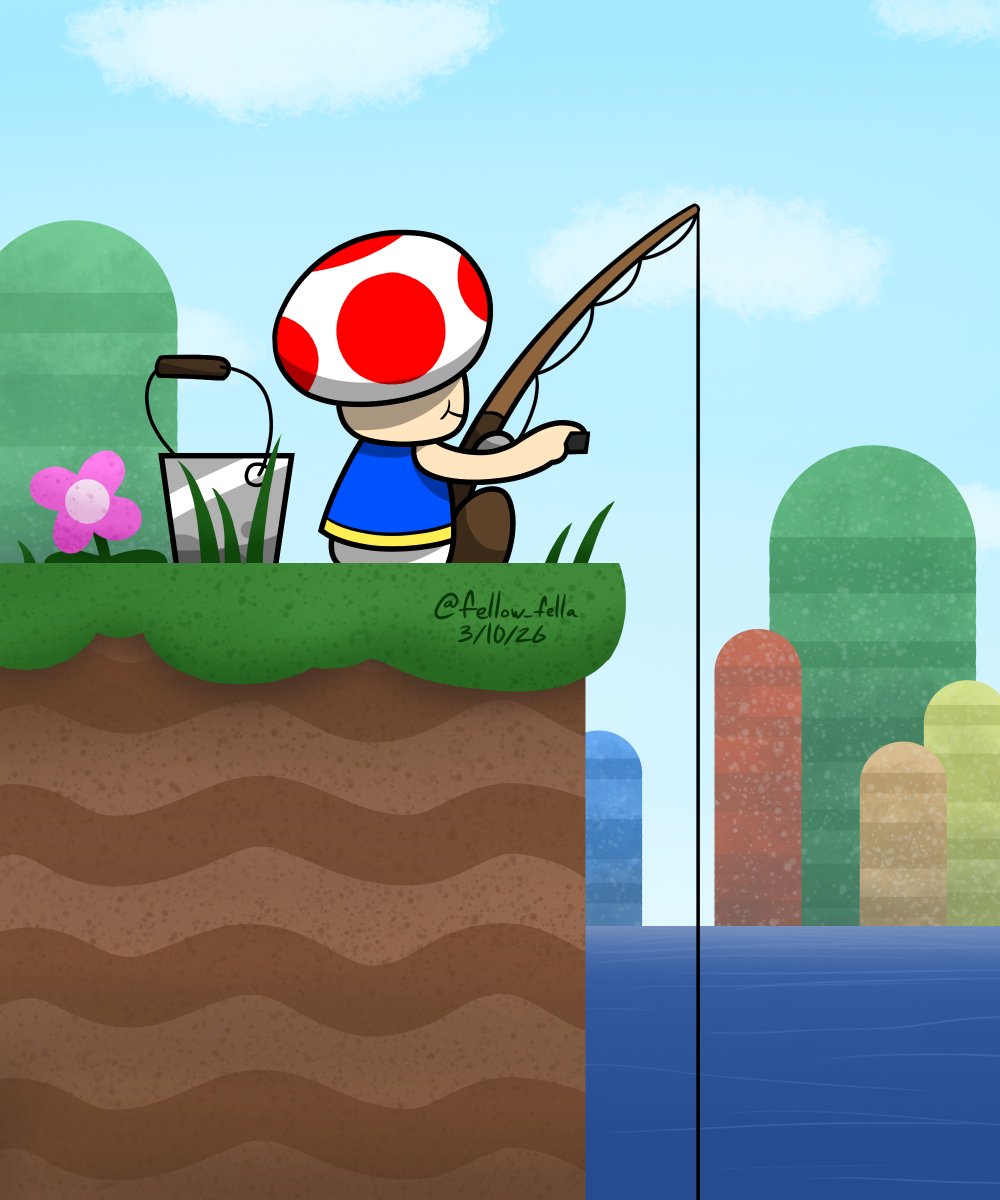 fellow_fella's tweet photo. hi it's me again
here's a drawing of a toad fishing I did for mar10 day earlier this year cuz I'm bored

#art #fanart #supermario #nintendo #krita #kritaart #digitalart https://t.co/FOeKCMkCdO