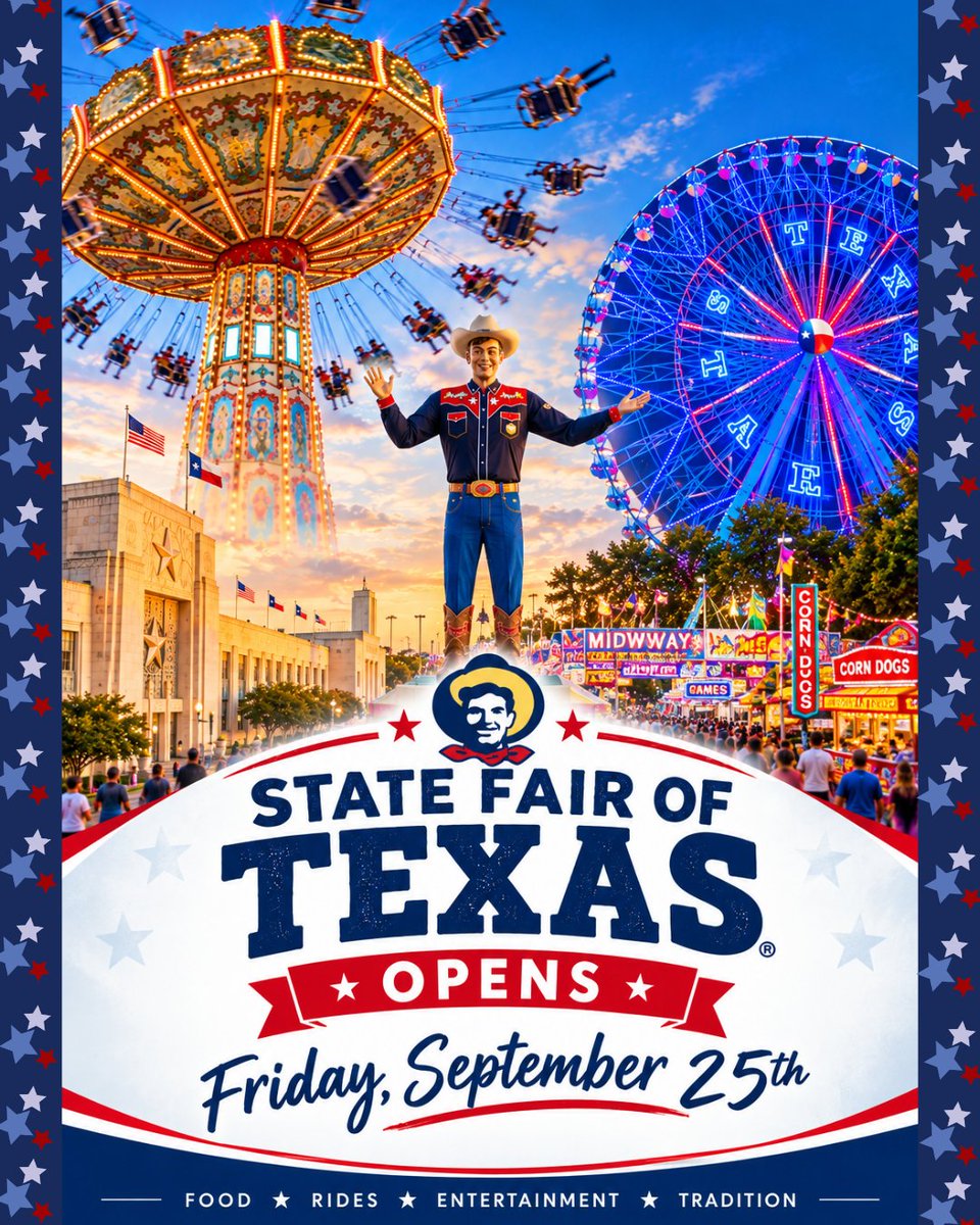 HeritanceTeam's tweet photo. The State Fair of Texas is officially back at Fair Park in Dallas today, September 25, kicking off 24 days of rides, live entertainment, Big Tex, and plenty of famous fair food! 

Who’s ready to make some State Fair memories? https://t.co/6pBcuyRiUe