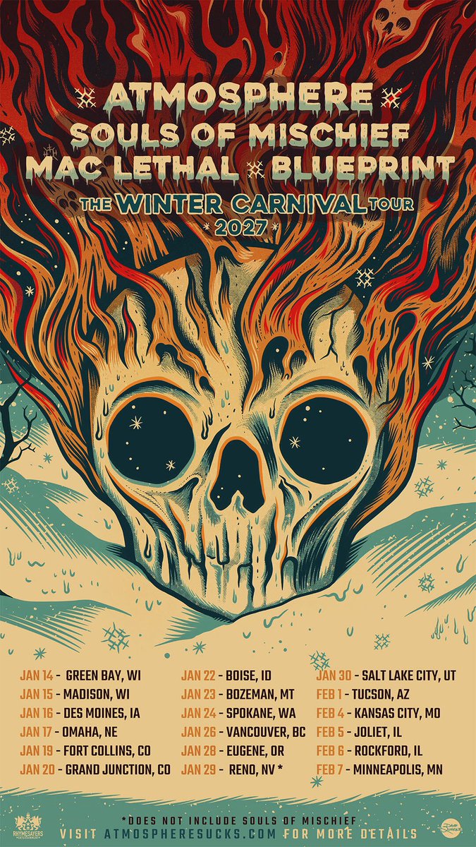 rhymesayers's tweet photo. TICKETS ON SALE NOW

THE WINTER CARNIVAL TOUR 2027 ⛄️❄️🥶🎡
Atmosphere
Souls of Mischief
Mac Lethal 
Blueprint

https://t.co/G0xg9dYCBu https://t.co/stQnSvt4Tc