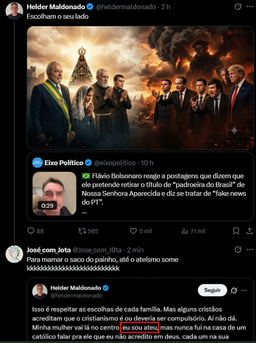 opintomarcand0's tweet photo. Isso aqui é pra você cristão, católico ou protestante não se deixar iludir. O socialismo não é apenas um sistema econômico, ele não se opõem ao capitalismo. Ele combate o cristianismo.
Nesse momento, por pura conveniência a esquerda está "defendendo" Nossa Senhora Aparecida com base em uma fake news que eles mesmos criaram. estão usado da fé dos mais leigos pra enganar e angariar votos.
Nos últimos messes Lula e Janja tentaram aproximação com os evangélicos, chamaram o cantor Kleber Lucas pra um evento com público controlado. Agora tentam essa aproximação com os católicos com base em uma mentira.
Nunca se esqueçam de que Lula é amigo de Daniel Ortega, membro do Foro de São Paulo que mandou prender padres e freiras, expulsou ordens religiosas proibindo missas e procissões de rua porque enxerga a Igreja Católica como uma ameaça política ao seu regime autoritário.

*Créditos do print na imagem do @Jose_com_J0ta