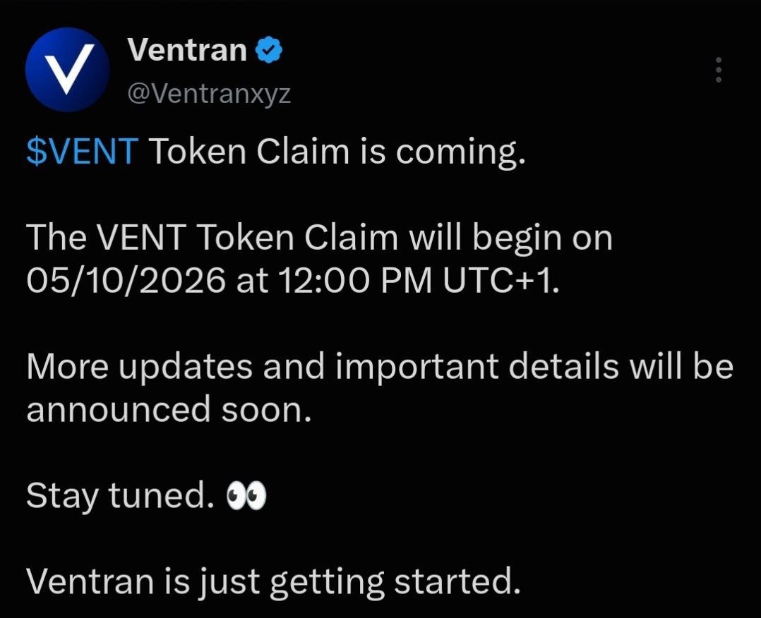 imamcrypto100's tweet photo. $VENT Token Claim Update 

Official VENT Token Claim is starting

🗓️ 05/10/2026
🕛 12:00 PM UTC+1

Follow @imamcrypto100 for more early crypto guides &amp; updates 🔔

#VENT #Ventran #TokenClaim #CryptoNews #Web3 https://t.co/cXieVqqTzR