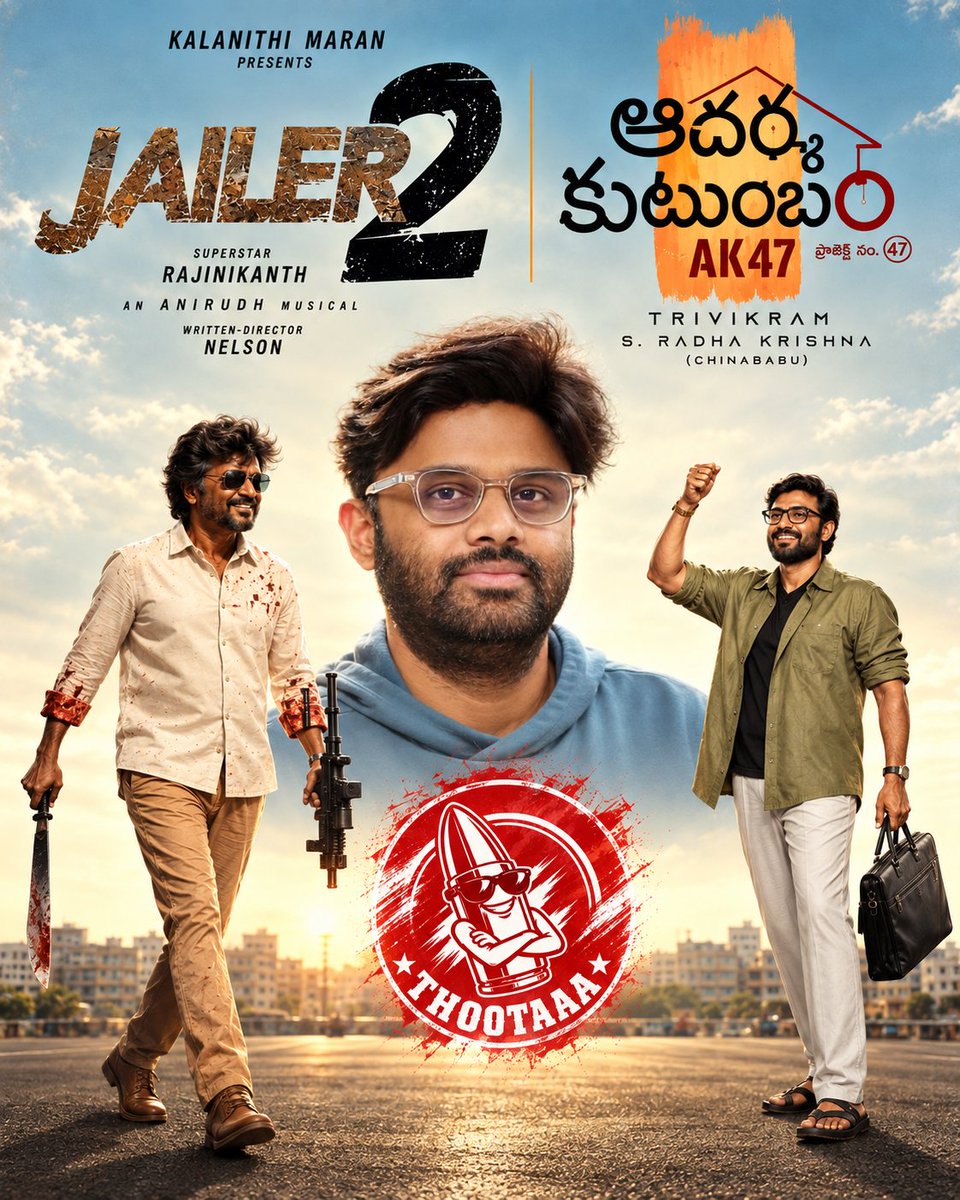Thootaaa_'s tweet photo. రజినీకాంత్ ఏ సర్టిఫికెట్ వద్దు U/A కావాలని పట్టుబట్టిన జైలర్ 2 సినిమాని అత్యధిక ధర పెట్టి హక్కులు దక్కించుకున్న నాగవంశీ.

నా దారి... రహదారి అంటూ 9న ఆదర్శ కుటుంబం తో, 15న జైలర్ 2 తో AK 47 లా దూసుకొస్తున్న నాగవంశీ కి అల్ ది బెస్ట్ ఫ్రమ్ తూటా..!!

@vamsi84 @rajinikanth @VenkyMama @Trivikram_Fans @Nelsondilpkumar @anirudhofficial @sunpictures @haarikahassine #Trivikram @SrinidhiShetty7 @IamRohithNara @Nivetha_Tweets #UdbayBhirSandhu
@musicthaman #YuvinaParthavi #RajaPrajwal #SRadhaKrishna @dop007 @NavinNooli #AsPrakash @kevinkumarrrr @nikhilkoduru @haarikahassine @adityamusic @Jailer2Film #Jailer2FromOct15 #OneSunOneMoon #Jailer2  @vidya_balan @iam_SJSuryah #SurajVenjaramoodu @meramyakrishnan @iYogiBabu @mirnaaofficial @soupersubu @vijaykartikdop @Nirmalcuts @ChethanDsouza @AlwaysJani @KiranDrk @sunilreddy22 #PallaviSingh @valentino_suren @Alagiakoothan #SantoshRaju @kabilanchelliah @kuchirayar73 @RIAZtheboss
