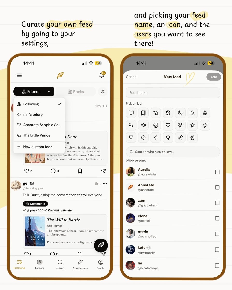 tryannotate's tweet photo. We listened and we delivered: you can now mute or reread a book, create your own custom feed, and display your folders as shelves, all on Annotate. https://t.co/oht2leC2F9