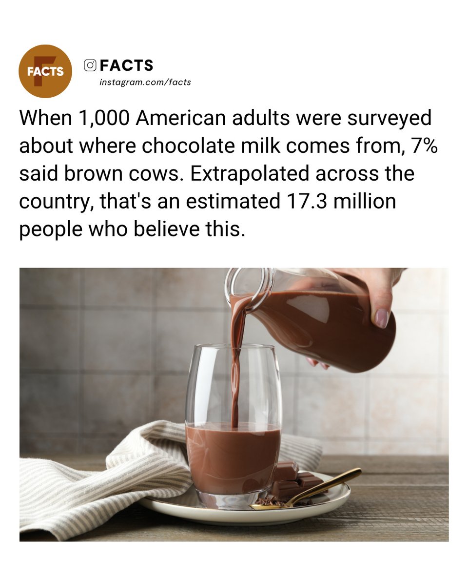 MalorieValrk's tweet photo. A 2017 survey found that 7% of American adults believed chocolate milk came from brown cows—about 16. 4 million people, more than Ohio’s entire population. Another 48% said they didn’t know. https://t.co/mOJyqx6SWe