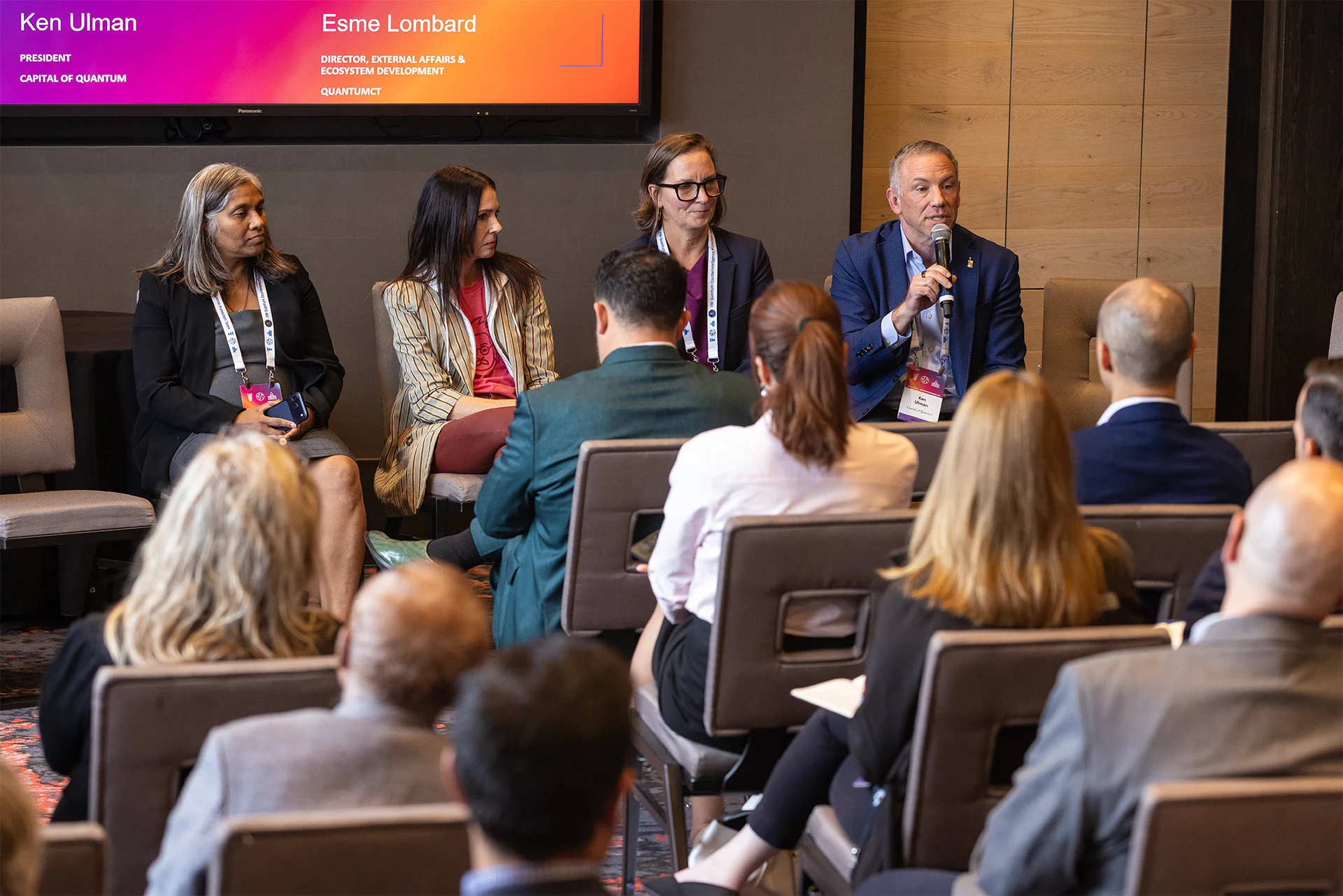 From left, SVP Chief Quantum Office Preeti Chalsani of the Illinois Economic Development Corporation, the Company Lab CEO Tasia Malakasis, QantumCT Director of External Affairs and Ecosystem Development Esme Lombard and Capital of Quantum President Ken Ulman participate in a panel discussion on how innovation districts can help build quantum communities during the Quantum World Congress on Thursday.